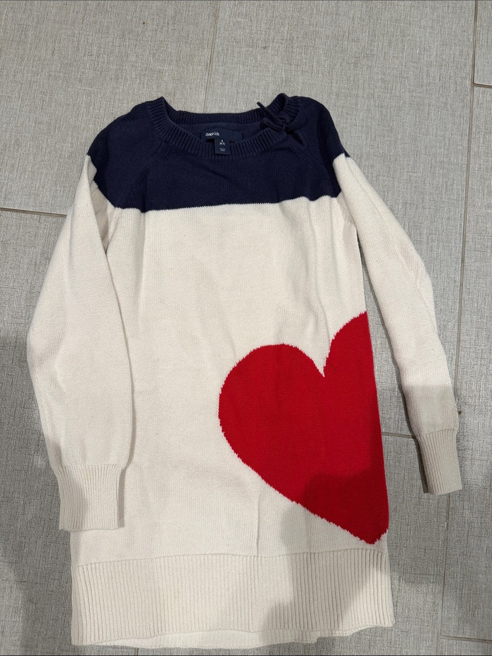 Kids Cream Sweater Dress with Navy Yoke and Red Heart